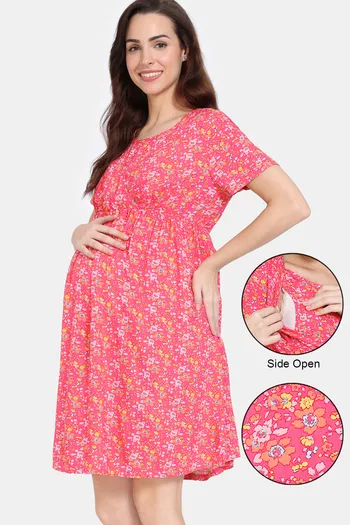 Buy Zivame Maternity Floral Pop Woven Knee Length Nightdress - Coral Paradise